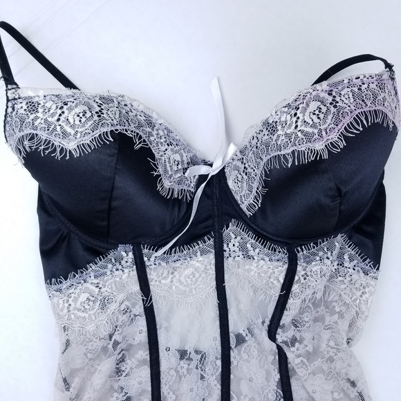 Lace Skirted Teddy Top 38C Sexy Black Pink - Picture 6 of 7